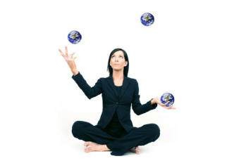 A woman juggling Earth globes